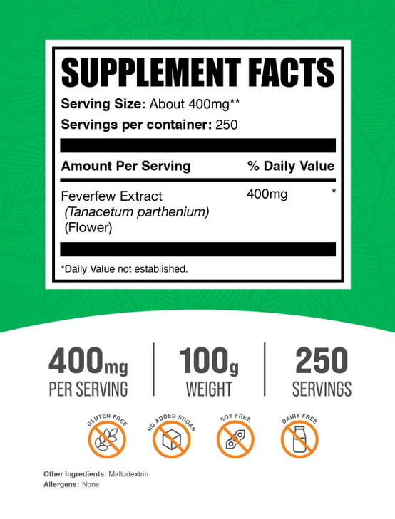 BulkSupplements.com Feverfew Extract Powder - Feverfew Herbal Supplement - Gluten Free, 400mg per Serving, 250g (8.8 oz) (Pack of 1)