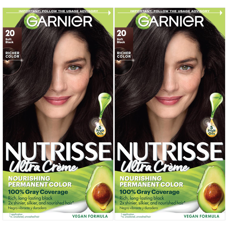 Garnier Nutrisse Ultra Crème Hair Color, Permanent Hair Dye with 100% Gray Coverage, Vegan & Cruelty-Free, 20 Soft Black (Black Tea), 2 Count