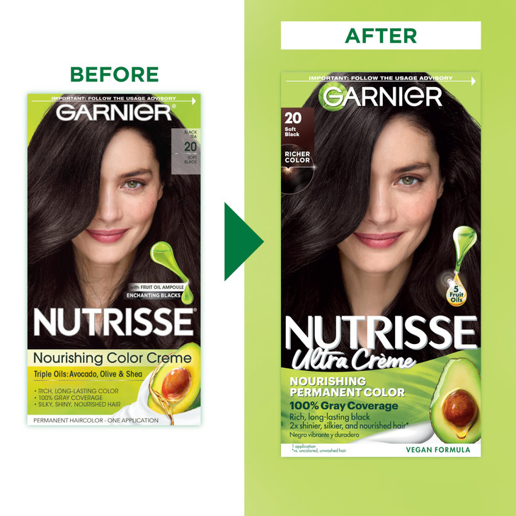 Garnier Nutrisse Ultra Crème Hair Color, Permanent Hair Dye with 100% Gray Coverage, Vegan & Cruelty-Free, 20 Soft Black (Black Tea), 2 Count