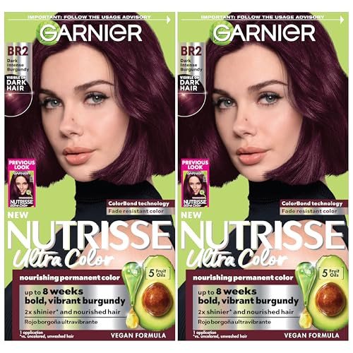 Garnier Hair Color Nutrisse Ultra Color Nourishing Creme, BR2 Dark Intense Burgundy (Passion Fruit) Red Permanent Hair Dye, 2 Count (Packaging May Va