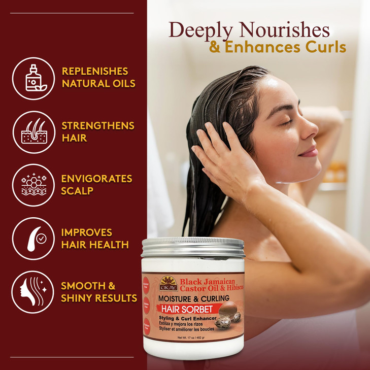 OKAY Black Jamaican Castor Oil & Hibiscus Moisture & Curling Sorbet - Castor Oil Hair Pomade for Men & Women, Moisturize Dry Scalp with Natural Aloe,