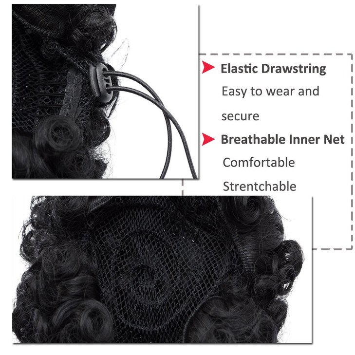 Afro Kinky Curly Hair Bun Drawstring Puff Ponytail for African American Women Short Synthetic Wrap Updo Chignon Hairpiece with Clips One Piece Medium
