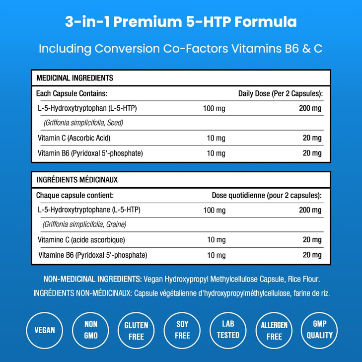 NutraChamps 5-HTP 200mg, 120 Vegan Capsules, Pure 5HTP 100mg Plus Co-Factors Vitamin B6 & Vitamin C