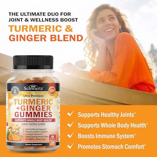 Turmeric Curcumin with Ginger Gummies - Natural Extra Strength Joint Support Supplement, Delicious Peach Flavor Ultra High Absorption Turmeric Supple