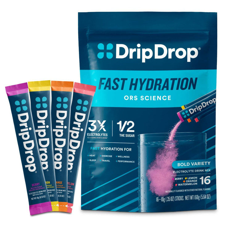 DripDrop Hydration Packets - Bold Variety Pack - Single Serve Electrolytes Powder Drink Mix - Watermelon, Berry, Lemon, Orange - Non-GMO, Gluten Free