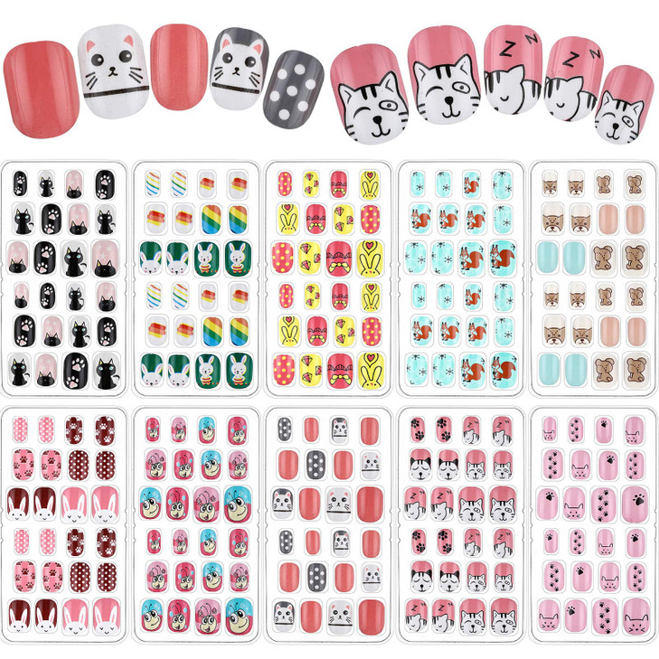 240 Pieces Children False Nails Kids Girls Press on Short Artificial Fake Nails Cute Pre Glue Full Cover Acrylic Nail Tip Kit for Children Little Gir
