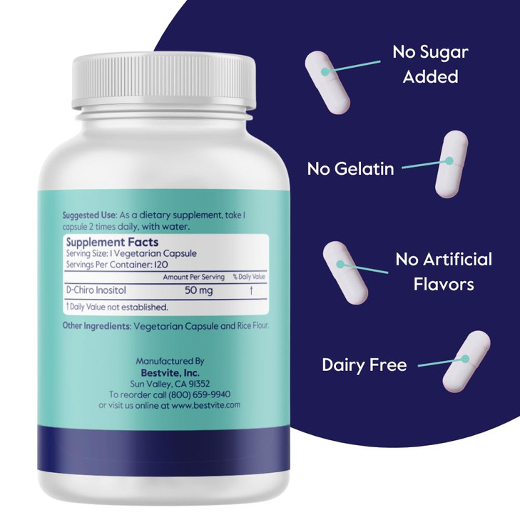 BESTVITE D-Chiro Inositol (120 Vegetarian Capsules) - No Stearates - Vegan - Non GMO - Gluten Free