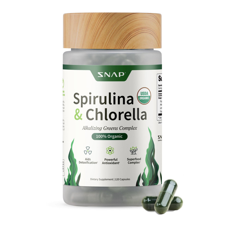 Snap Supplements Organic Spirulina and Chlorella - Protein Rich Blue Green Algae Superfood Supplement for Energy and Immune Support, 120 Vegetarian C