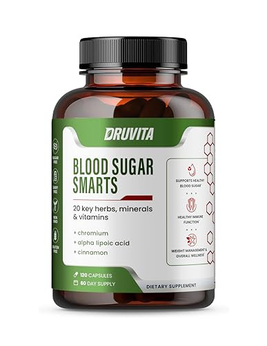 Druvita Blood Sugar Smarts - 20 Key Herbs, Minerals & Vitamins - with Chromium, Alpha Lipoic Acid, Cinnamon & Bitter Melon, for Men Women- Non-GMO Na