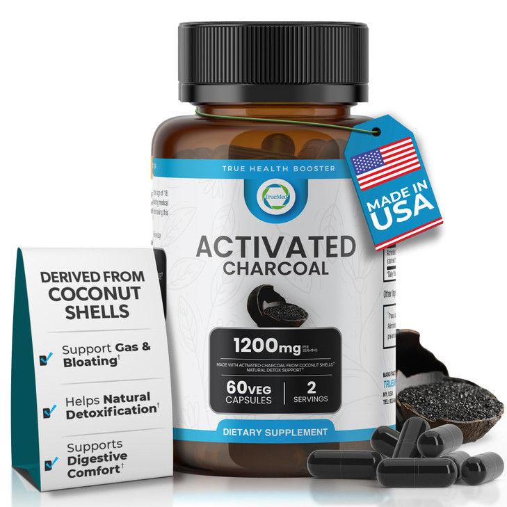 TRUEMED Activated Charcoal Capsules 1200 mg  Organic Activated Charcoal Pills Derived from Coconut Shells for Stomach & Digestive Support  Natural