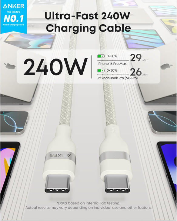 Anker Nano USB C Cable, 240W Flexible Multi-Color Braided Cord, Fast Charging Type C Charger for iPhone 17 Series, MacBook Pro and More (White, 6ft)