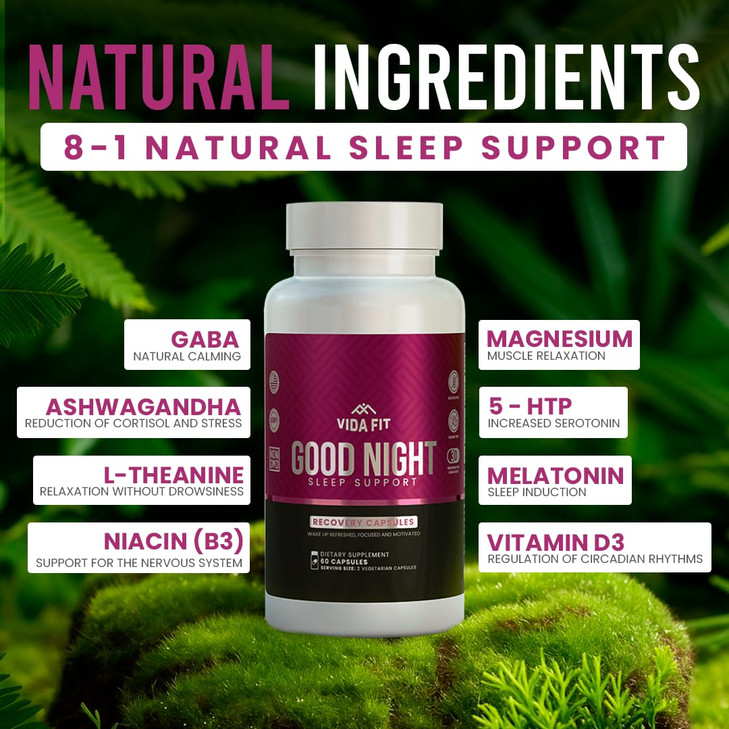Vida Fit Natural Sleep Aid for Adults, Sleep Supplement, Natural Calm, Melatonin with L-Theanine, Magnesium Glycinate, Ashwagandha, GABA, 5-HTP, Vita