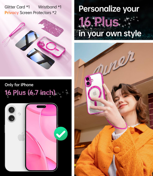 Meifigno Designed for iPhone 16 Plus Case 6.7", [Glitter Card & Wrist Strap] [Compatible with MagSafe] [2X Privacy Screen Protectors] Full Lens Prote