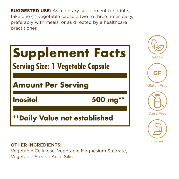 Solgar Inositol 500 mg - 100 Vegetable Capsules - Non-GMO, Vegan, Gluten Free, Dairy Free, Kosher - 100 Servings