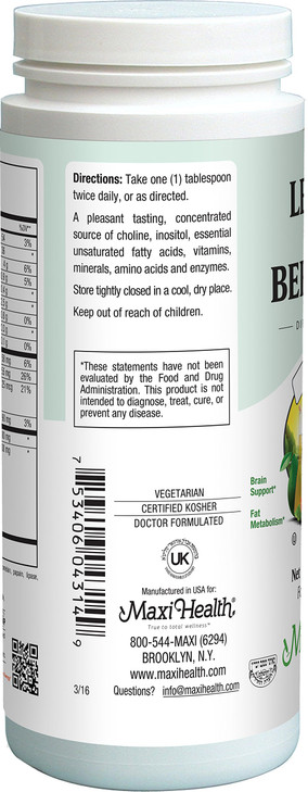 Maxi Health Lecithin & Bee Pollen - Brain, Energy and Digestion Support - 14 Oz Powder - Kosher