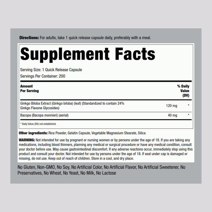 Piping Rock Ginkgo Biloba Supplement | 120mg | 200 Capsules | Standardized Leaf Extract with Bacopa | Non-GMO, Gluten Free