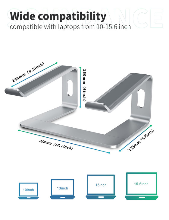 SOUNDANCE Laptop Stand, Aluminum Computer Riser, Ergonomic Laptops Elevator for Desk, Metal Holder Compatible with 10 to 15.6 Inches Notebook Compute