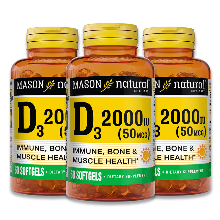 MASON NATURAL Vitamin D3 2,000 IU Ultra Strength, Supports Bone Density, Strength & Immune Health, 60 Softgels, Pack of 3
