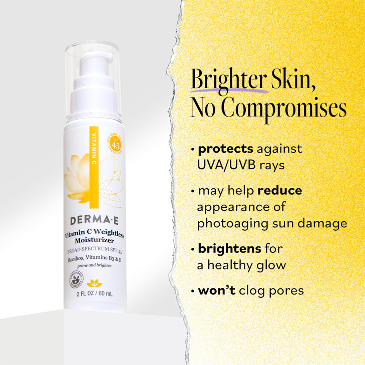 Derma E Vitamin C Weightless Moisturizer SPF 45, 2 Fl Oz, Skin Brightening Face Cream with Mineral UVA/UVB Sunscreen, Hydrating Face Moisturizer with
