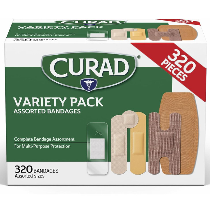 CURAD Assorted Bandages Bulk Variety Pack 320 Count 5 Styles Including Waterproof, Sheer, Plastic, Heavy Duty & Flex-Fabric First Aid Kit Essentials