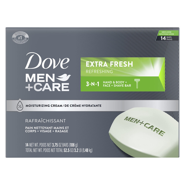 Dove Men+Care Bar 3 in 1 Cleanser for Body, Face, and Shaving Extra Fresh 14 Bars to Clean and Hydrate Skin Body and Facial Cleanser Mandarin Citrus,
