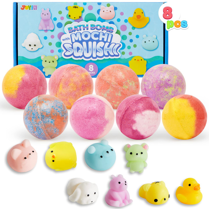 JOYIN 8 Pack Big Bath Bombs for Kids with Mochi Toy, Surprise Toy Inside, Natural Essential Oil SPA Bath Fizzies Set, Kids Safe Party Favors for Boys