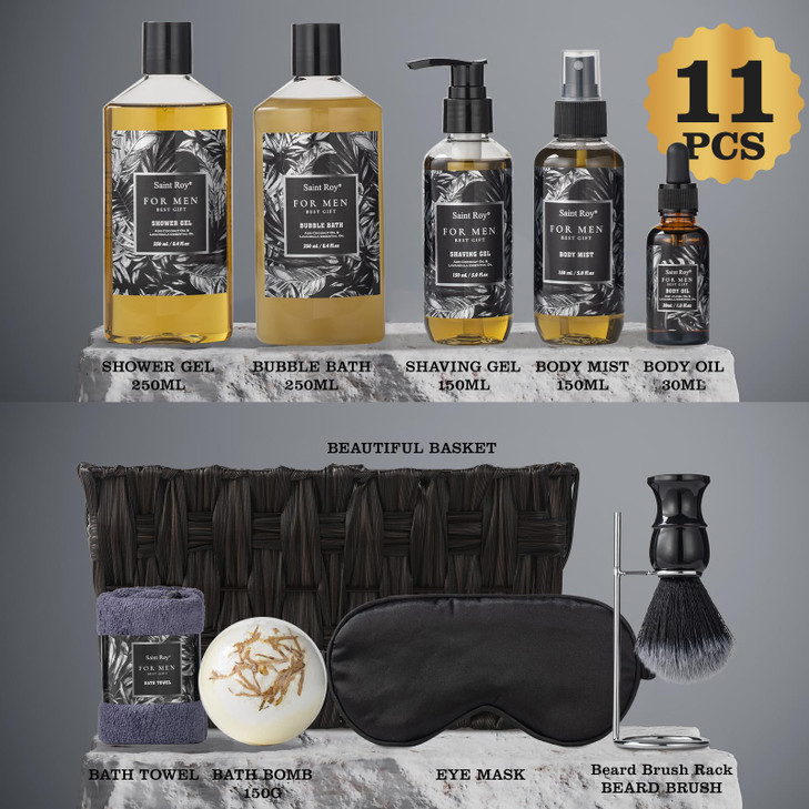 Fathers day gift baskets Birthday Day Gifts for Him Spa Gift Basket for Men, Body Wash, 13pcs Sandalwood Oak Moss Bath and Beard Kit for Men with Bea