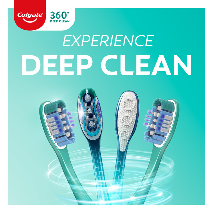 Colgate 360 Deep Clean Soft Toothbrush for 4 in 1 Bacterial Removal, Features Floss Tip Bristles and Tongue Cleaner, 4 Count