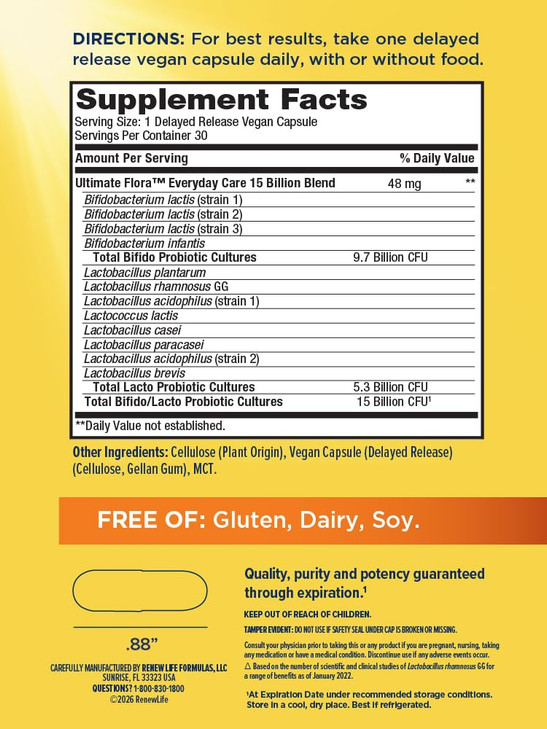 Renew Life Everyday Probiotic Capsules, Daily Supplement Supports Urinary, Digestive and Immune Health, L. Rhamnosus GG, Dairy, Soy and gluten-free,