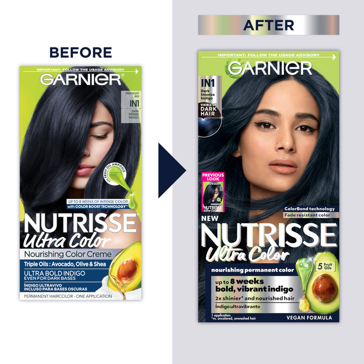 Garnier Hair Color Nutrisse Ultra Color Nourishing Creme, IN1 Dark Intense Indigo (Midnight Iris) Blue Permanent Hair Dye, 1 Count (Packaging May Var