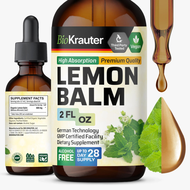 BIO KRAUTER® Lemon Balm Tincture 680 mg Melissa Officinalis - Pure Vegan Lemon Balm Extract 2 Fl.Oz 28 Days of Supply - Natural Calming & Sleep Suppo