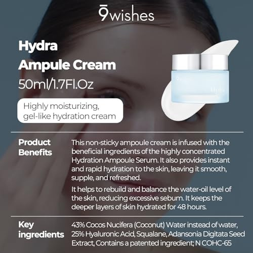 9 wishes Hydra Ampule Cream 1.7Fl. Oz, 50ml Powerful Hydration with Coconut Water - Long Lasting Hydration Facial Moisturizer