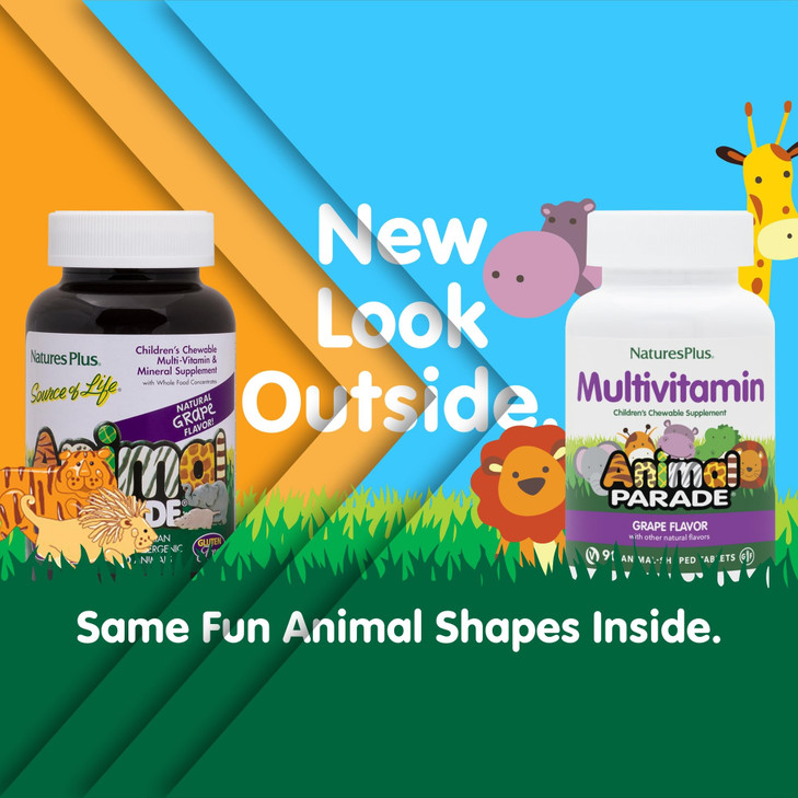 NaturesPlus Animal Parade Source of Life Children's Chewable Multivitamin - Grape Flavor - 90 Animal Shaped Tablets - Promotes Health and Wellbeing -