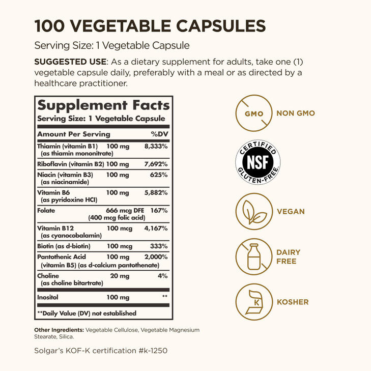Solgar B-Complex "100", 100 Vegetable Capsules - Nervous System Support - Supports Energy Metabolism - Non-GMO, Vegan, Gluten Free, Dairy Free, Koshe