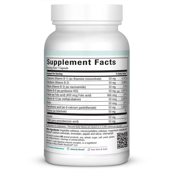 Maxi Health Vitamin B Complex  High Potency B Complex Vitamins B-50 with B1, B2, B3, B6, B12, Biotin & Folate  Support Cellular Energy & Mental Cla