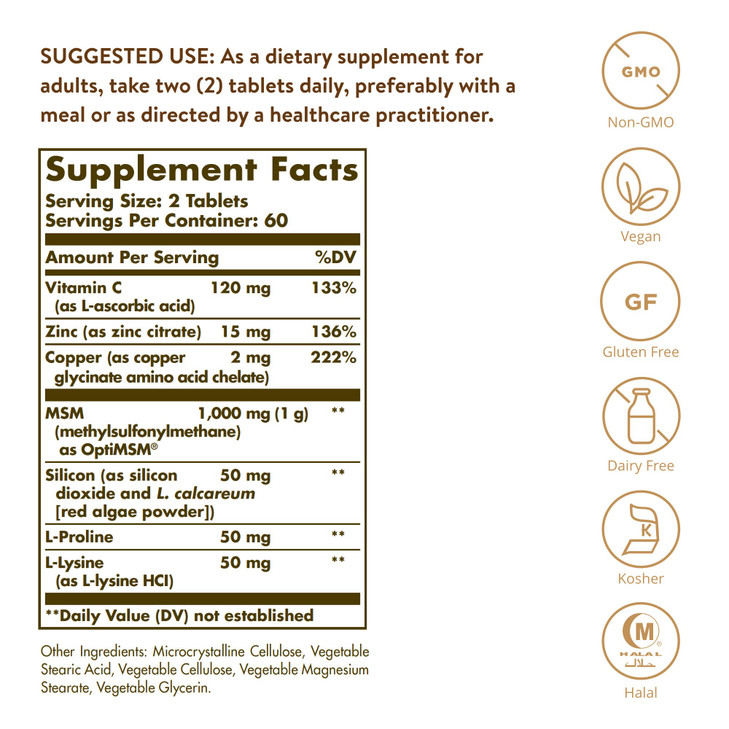 Solgar Skin, Nails & Hair, Advanced MSM Formula, 120 Tablets - Supports Collagen for Hair, Nail and Skin Health - Provides Zinc, Vitamin C & Copper -