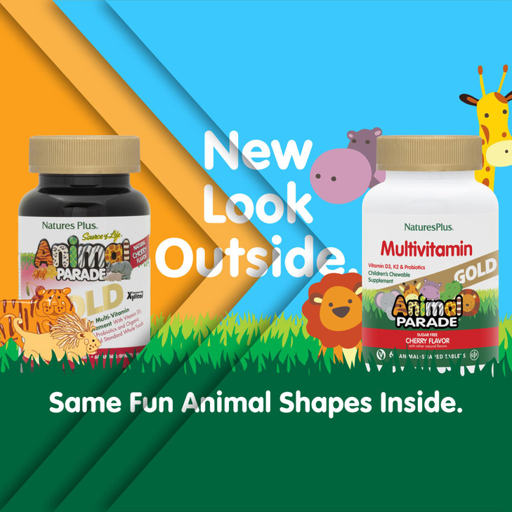 NaturesPlus Animal Parade Gold Multivitamin Childrens Chewables - Cherry Flavor - 60 Chewable Animal-Shaped Tablets - With Vitamin D3, K2 & Probioti