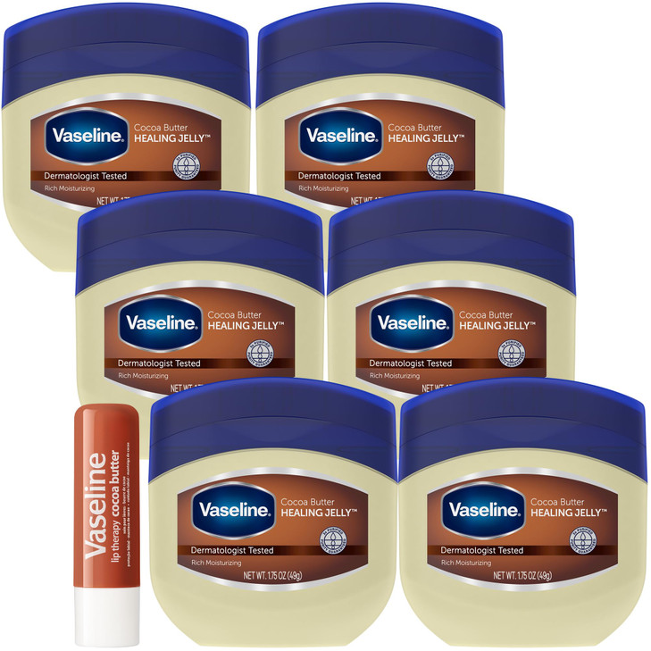 Vaseline Cocoa Butter Healing Jelly Travel-Size 6-Pack  Rich Moisturizing Ointment, Skin Protectant for Soothing Cracked, Dry Skin, 1.75 Oz Ea