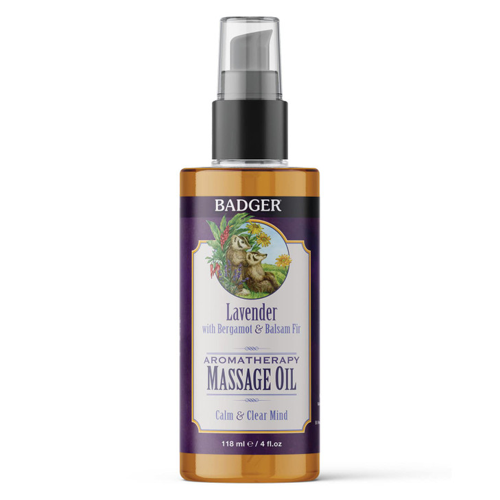 Badger Lavender Massage Oil, 100% Organic Massage Oil, Relaxing & Moisturizing Pure Aromatherapy Oils of Lavender, Bergamot & Balsam Fir, 4 fl oz Gla