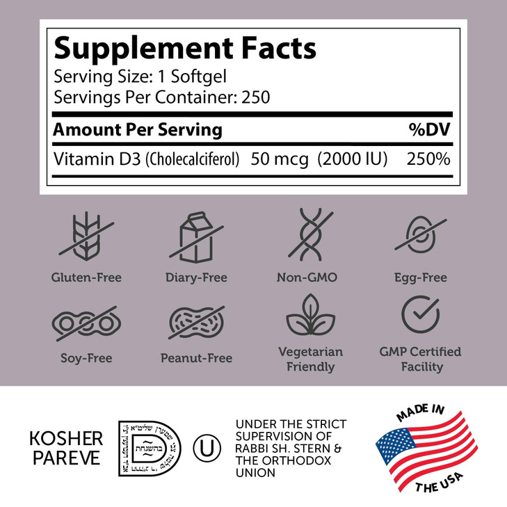 Zahler - Advanced Vitamin D3 2000 IU Softgels (250 Count) Kosher Vegetarian Friendly Vitamin D for Immune Support, Bone, Teeth & Muscle Health - Dail