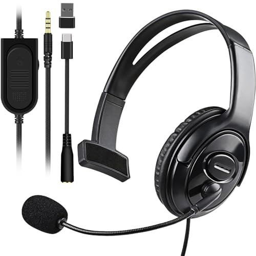 Joso Wired One Ear Headset with Mic, Single Ear Headset for PS5/PS4/Xbox/Switch/PC/iPad/Mac & Tablet with 3.5mm to Type C & USB-A Adapter - Chat Head