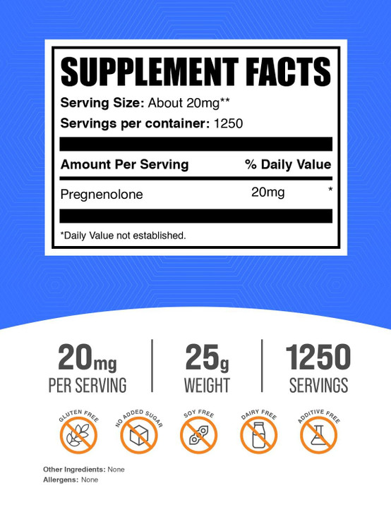 BulkSupplements.com Pregnenolone Powder - Nutritional Supplement, Pregnenolone 20mg - Pure & Gluten Free, 20mg per Serving, 25g (0.88 oz) (Pack of 1)