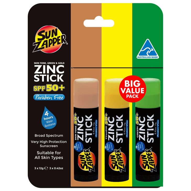 Sun Zapper Zinc Oxide Sunscreen Stick  SPF 50+  Skin Tone, Green & Gold  3-Pack  Water-Resistant Sun Protection for Face & Body  12g Each  Made