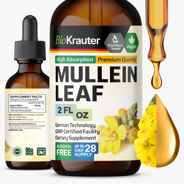 BIO KRAUTER Mullein Leaf Extract for Lungs 2 Fl. Oz - 28 Days of Supply - Pure Mullein Drops for Lung Cleanse & Detox - Vegan Respiratory Supplements