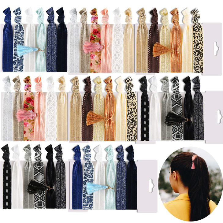 Syhood 48 Pcs Ribbon Hair Ties with Tassel No Crease Hair Ties Elastic Fabric Bands Ponytail Holder for Women Accessories