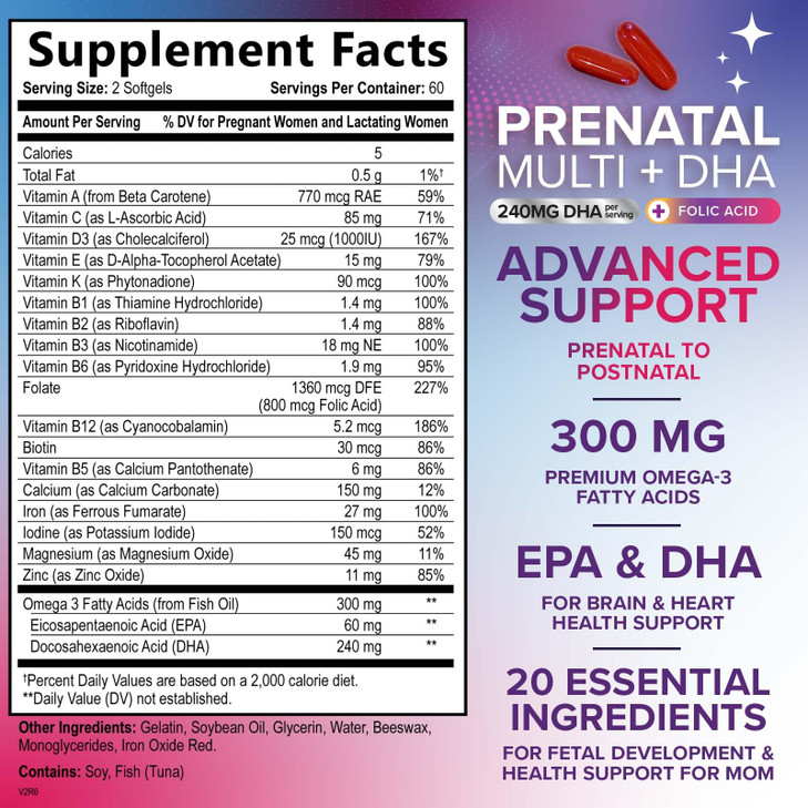 Prenatal Vitamins for Women with Folic Acid + Omega 3 DHA for Fetal Brain Development, Best Prenatal Vitamin Supplement, Daily Pregnancy Multivitamin