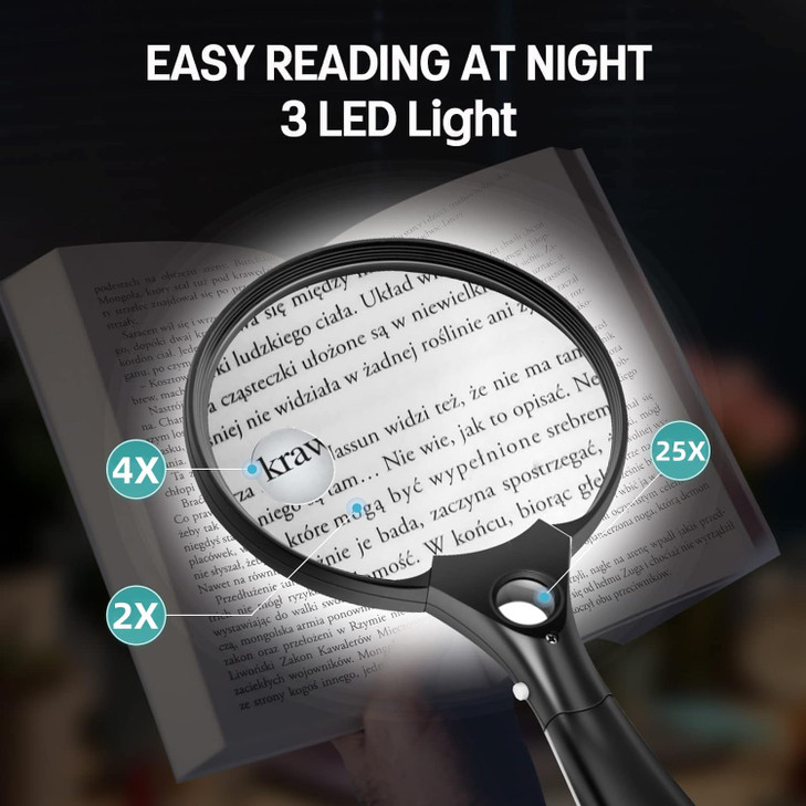 Large Magnifying Glass with Light - 5.5 Inch Handheld Magnifier with 10X 25X 45X Magnification & 3 LED Lights Lighted Magnifying Glass, Magnifying Gl