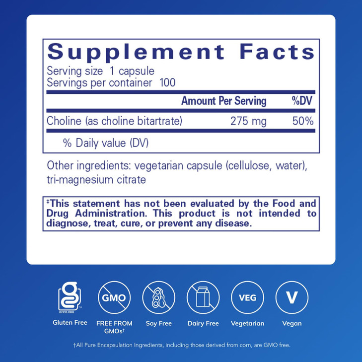 Pure Encapsulations Choline (Bitartrate) - 275 mg Choline (Bitartrate) - Supports Methylation, Brain Health & Cell Function* - Highly Bioavailable -