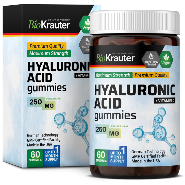BIO KRAUTER Hyaluronic Acid Gummies w/Vitamin C - 250 mg - 60 Vegan Chews - Hyaluronic Acid Supplements - Pectin-Based