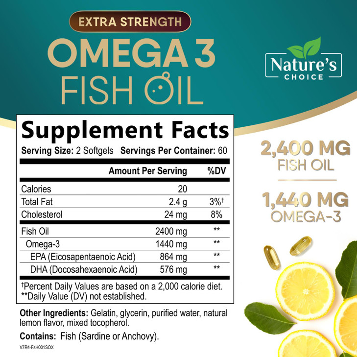 Omega 3 Fish Oil 2400 mg - Triple Strength Fish Oil Omega 3 Capsules - Essential Fatty Acids EPA & DHA Supplement - Best Brain & Heart Health Support